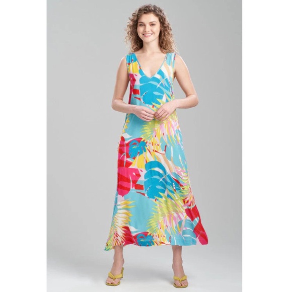 N Natori Bora Bora Tank Dress Aqua Blue Tropical Floral Medium NWT - Picture 3 of 15